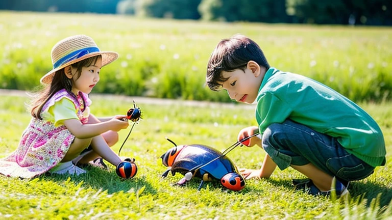 Children playing with beautiful beetles in the grassland、Children playing with beautiful beetles in the grassland、Colorful Mushiking