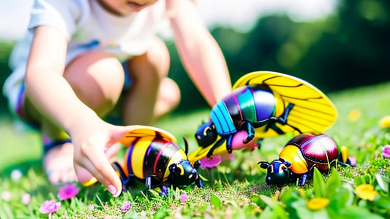 Children playing with beautiful beetles in the grassland、Children playing with beautiful beetles in the grassland、Colorful Mushiking