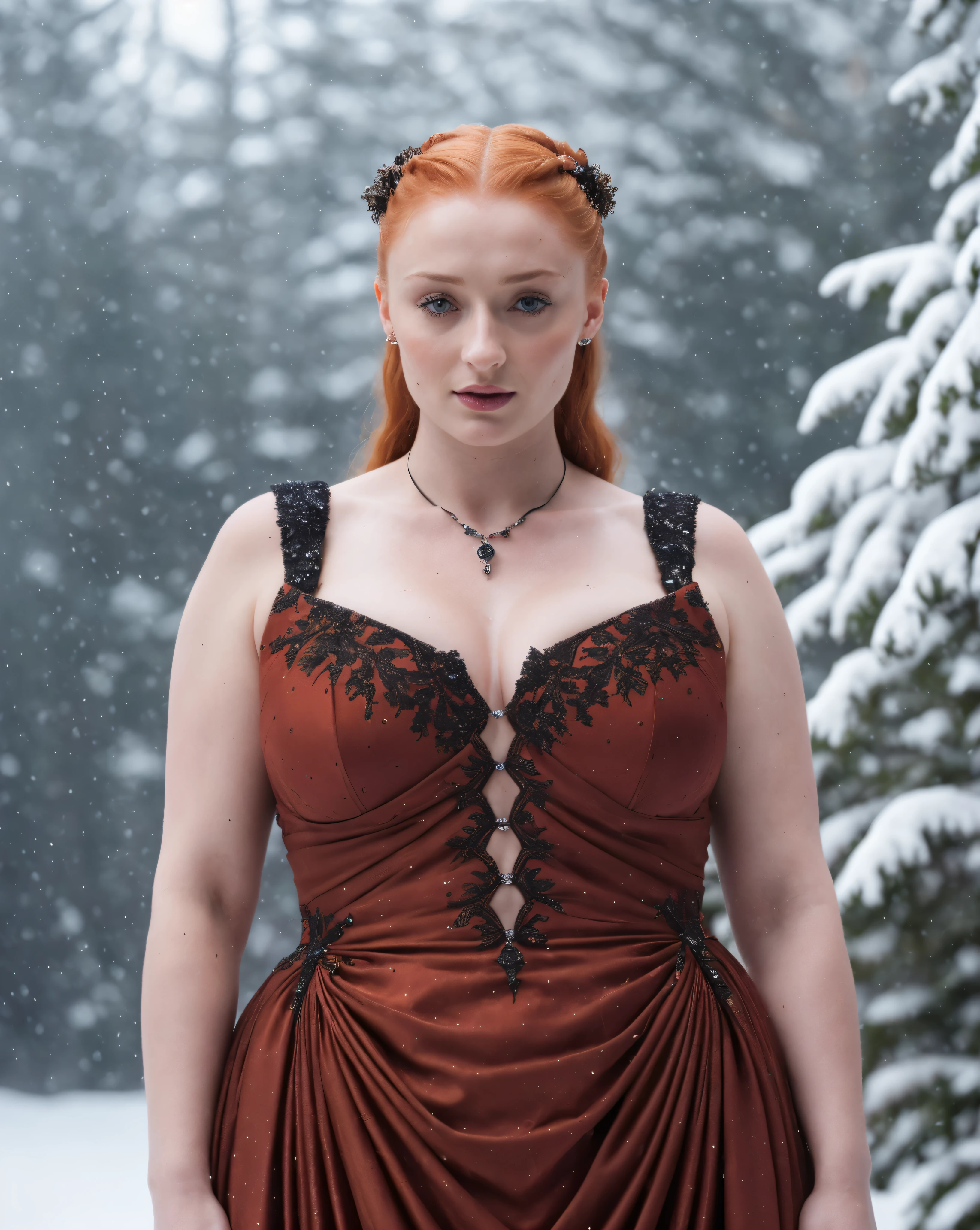 Face of Sophie Turner, Sansa Stark played by Sophie Turner, the de facto Lady of the Eyrie, is a 40-year-old mature queen with a stunning, alluring appearance. Full Face, pierced eyes, reddish lips, upper body shot, erotic Mediaeval costumes, game of thrones costumes, She wears a Game of Thrones-inspired costume and has a deep cleavage, a perfect thick body, and a perfect thick figure. The photograph captures her in a close-up, with her skin texture and facial features being ultra-realistic and realistic. Juicy thick figure, high quality skin, Skin pores, amazing details, snow, snow flakes, semi realistic, extremely detailed eyes, dark moody orange and black settings, cool environment, artificial intelligence, winter, winter scene, 