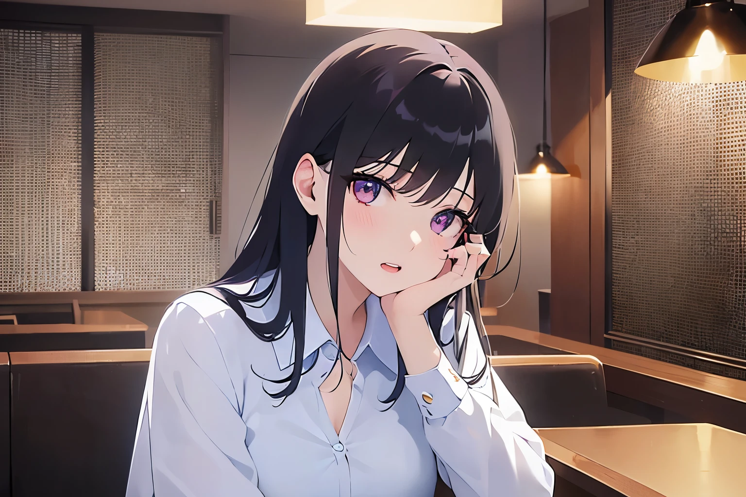 Upper Body, Realistic, real person, (pale skin: 1.2), RAW photo, photorealistic, shiny skin, shiny hair、(Bangs)25 year old woman with straight hair) and (medium hair) and (black hair) and (purple eyes) , (White collared shirt), (confused, blush:1.2), open mouth, The background is the interior of a restaurant at night.、alone、Sitting