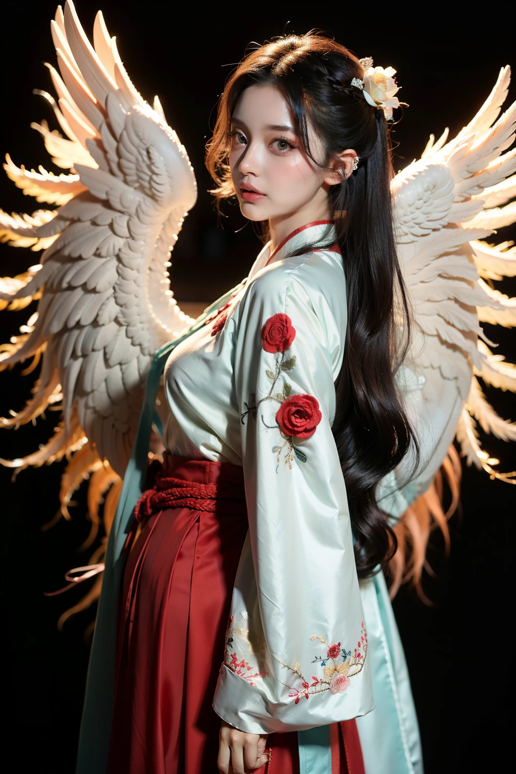 ((best quality)), ((masterpiece)), (Costume hairstyle,Air bangs,Blush,Angel wings on the back,Bright beautiful eyes,Long eyelashes,Gauze woven Hanfu,(Rose red dragon and phoenix embroidered Hanfu),antiquity), perfect face,