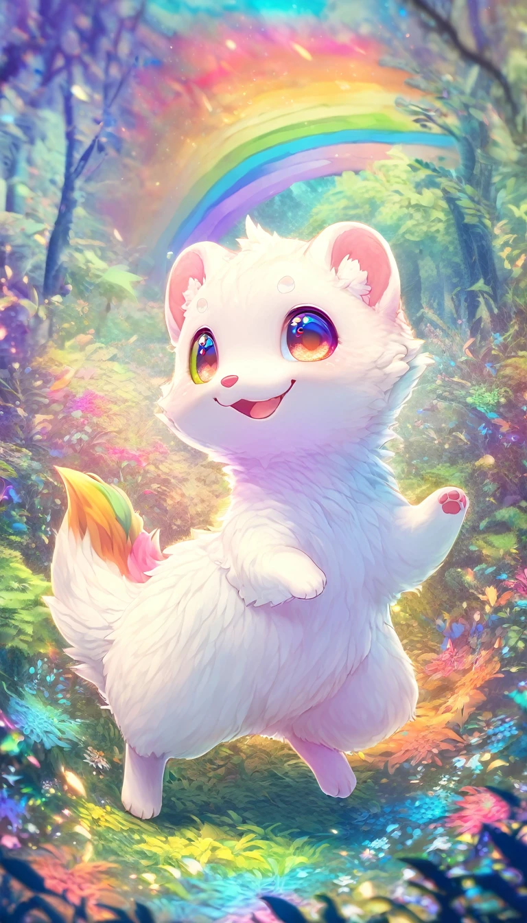 Super Deformation, Furry, interesting, highest quality, Super quality, 16k, Fluffy white cute weasel, big smile expression, Cute pose, in the forest, Fantasy world image, Fantastic and mysterious, Sparkling rainbow pastels and vibrant colors、Diverse visual styles combining various artistic elements