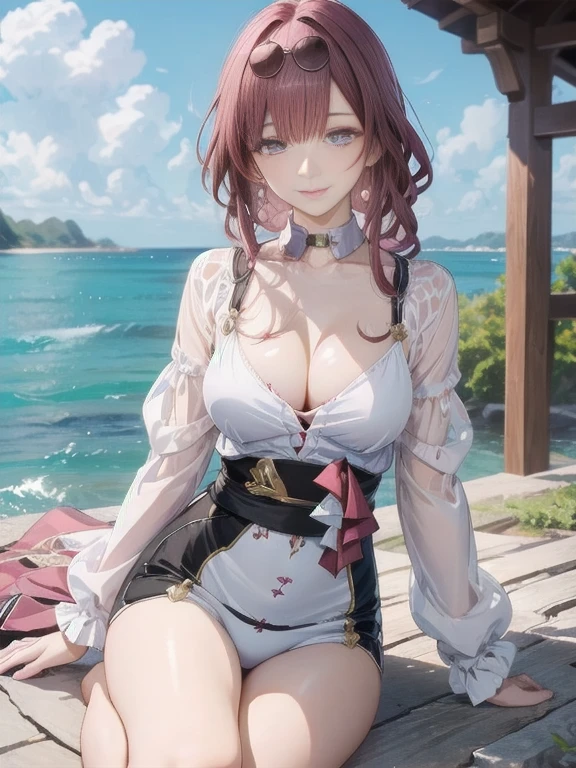 (Rich picture,Masterpiece quality)Exquisite 8K CG works,Goddess-like posture,Sitting by the river,Posture Exercises,Thin and soft,Translucent skin,Red hair、The beauty of super long hair, Extra long straight hair,Fair and juicy skin,Underwear with large breasts,Point 1.2x enhanced silhouette effect,Pajamas exquisite transparent blue pattern,The details are intricate and exquisite,Slightly blurred background,Charming and,Slobber,J Cup(Cleavage),blush,Japanese Goddess,Perfect body slim curves,Seaside view,