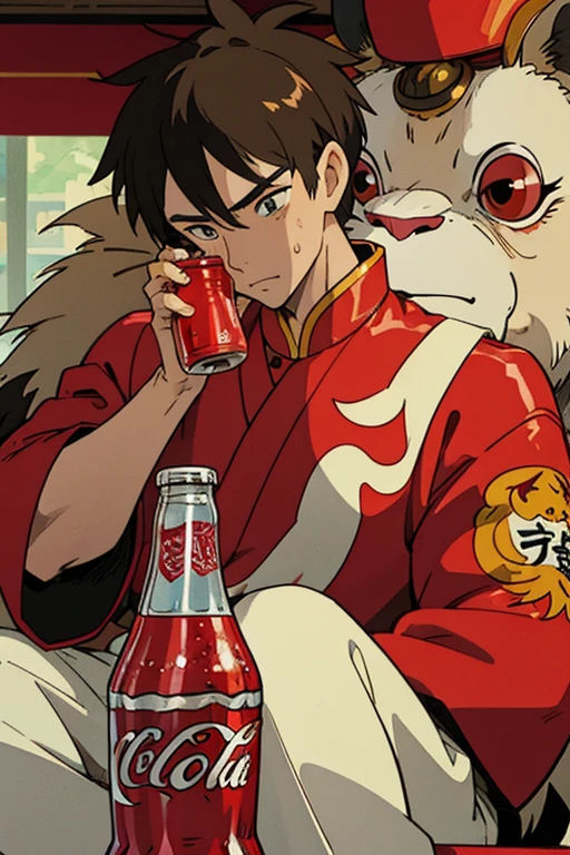 Man sitting sideways，Drinking a bottle of Coca-Cola with his head tilted back，Sweat on the head，Wearing lion dance work clothes，close up