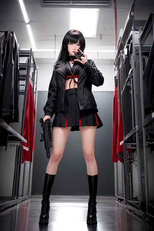 A 29-year-old girl wearing a short skirt and black jacket and holding a gun、yandere. expensive, Kantai Collection Style, Girls' Frontline style, Cute girl visuals, from Girls' Frontline, Fine details. Girls' Frontline, yandere, Girls' Frontline cg, Full body illustration, Beautiful school girl, Girls' Frontline, Spread your legs、