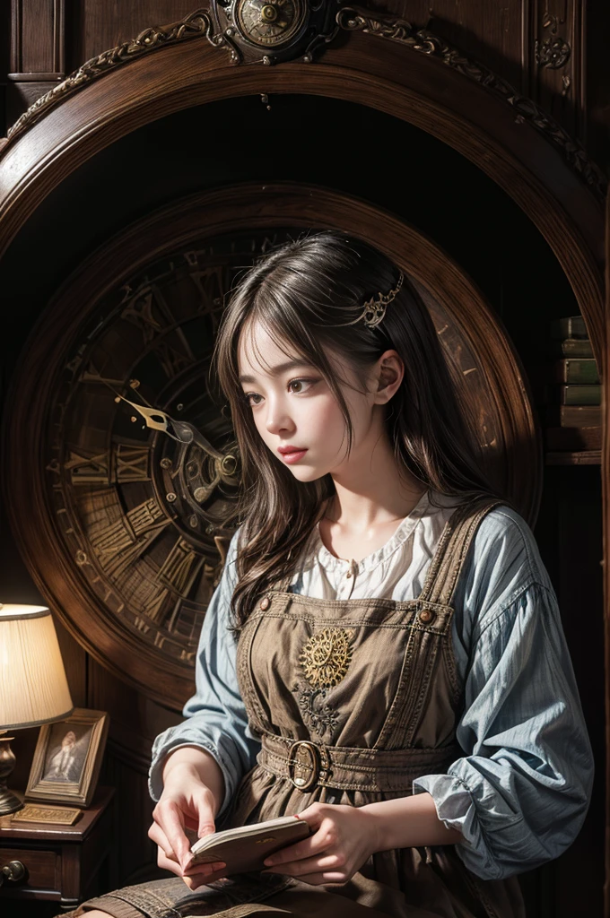 "Photorealistic painting, ((captivating)) scene of a girl absorbed in reading, antique books, cozy hobbit cave, intricate clock with moving gears, ((nostalgic)), detailed, warm palette"