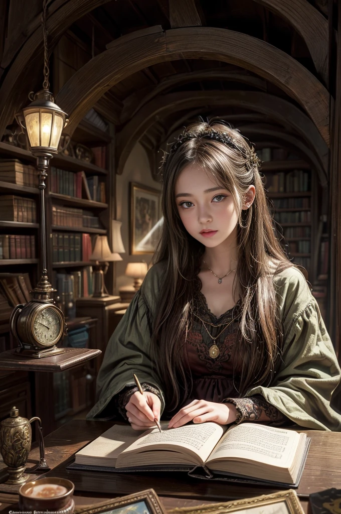 "Photorealistic painting, ((captivating)) scene of a girl absorbed in reading, antique books, cozy hobbit cave, intricate clock with moving gears, ((nostalgic)), detailed, warm palette"