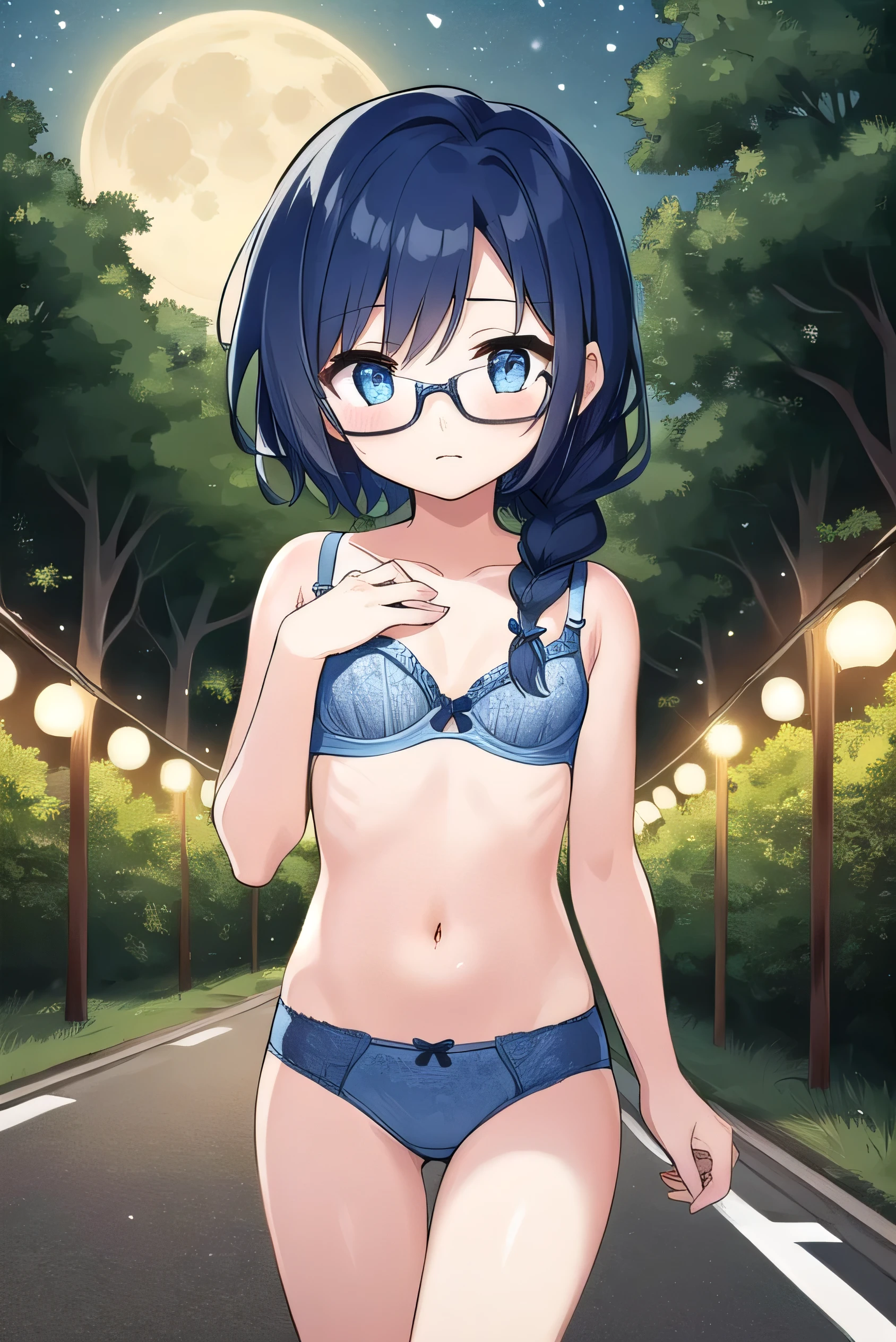 small breasted girl, short, , blue hair, single braid, blue eyes, round eyes, shy, shy, , short, young face, short height, , glasses with no edges,night,walking，night, dark, lights out, moonlight，all the street lights are out，in the forest，，(her bra is visible:1.2)，, (flat chest:1.1)