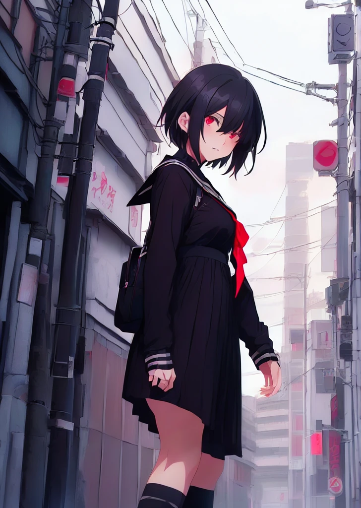 (perfect composition),anime character Sukeban delinquent girl  standing on a city street corner in black seifuku with black very long skirt, anime style. 8k, anime style mixed with fujifilm, retro anime girl, anime styled digital art, in tokyo, anime style illustration, anime style 4 k, anime style artwork, anime poster film still portrait, tokyo anime scene, modern anime style, anime style digital art, short hair, 26year old, red converse,