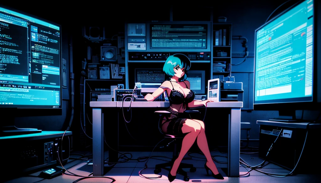 (perfect composition), (high resolution, masterpiece, ultra best quality, insanely amazing hyper fine extremely detailed, official:1.4)( full body, 80's horny milf hacker anime girl in lingerie sitting at a desk with a vintage computer, seductive hacker anime girl in lingerie, retro cyberpunk anime, 80's cyberpunk anime girl in lingerie, digital cyberpunk anime!!, best anime 4k konachan wallpaper, (anime girl with green teal short hair), 90's anime style in 4 k, mega man legend art ,black latex lingerie, black lace lingerie, 80's, multiple old computer , inspired by serial experiments lain room,  high degree electronic laboratory, lots of old computer hardware, surrounded by old computer screen, a lots of cable wires, octane rendering, colorful contrast, unadorned, dark computer room, night, betterHands 