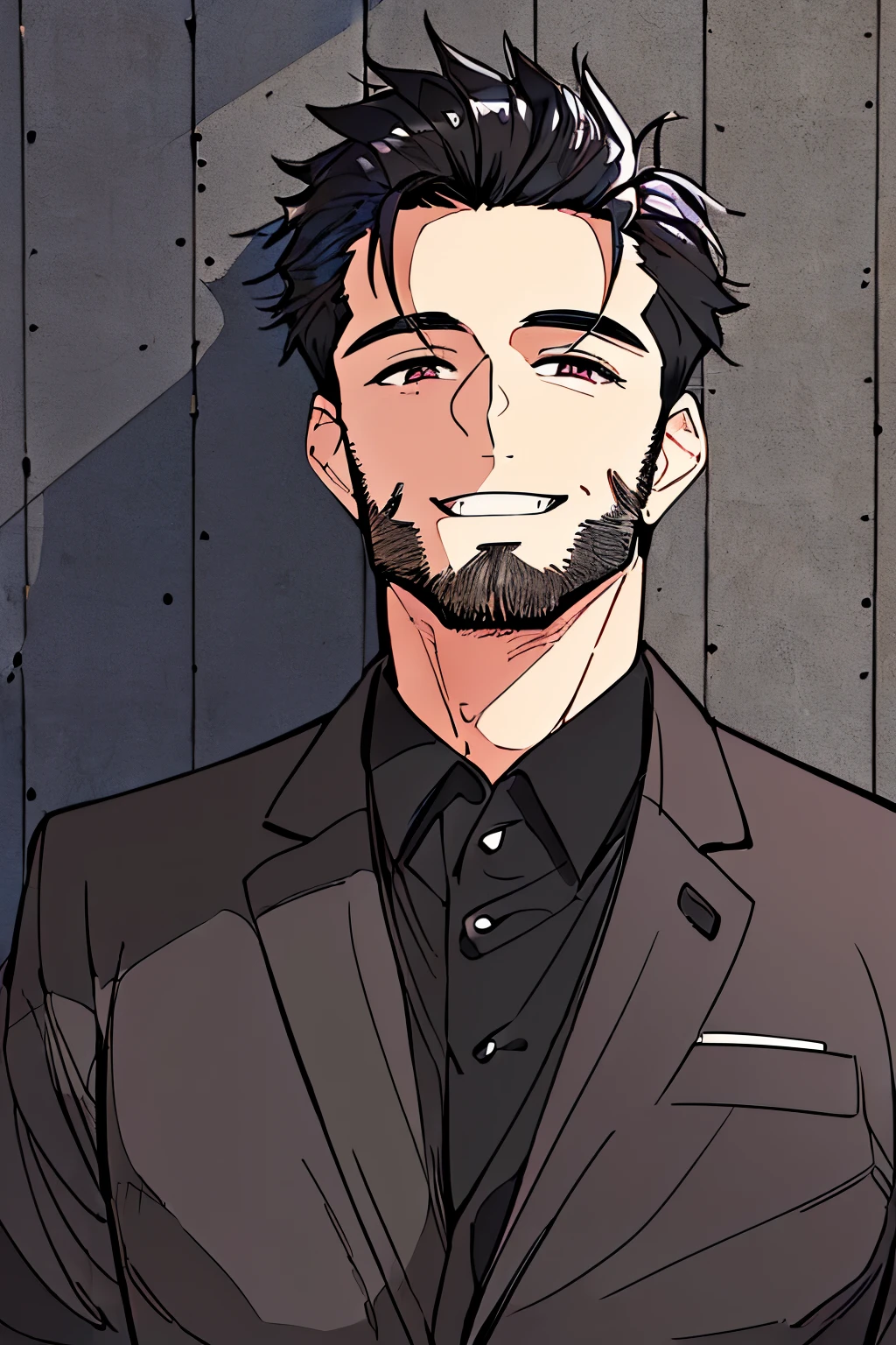 ((highest quality)), ((masterpiece)), ((detailed)), (((Perfect Face))), (((Attractive man in his 40s wearing a black suit, Black Shirt))), (((smile))), (((Black Hair))), (((Stubble))), (((Background wall))), (((Vision)))
