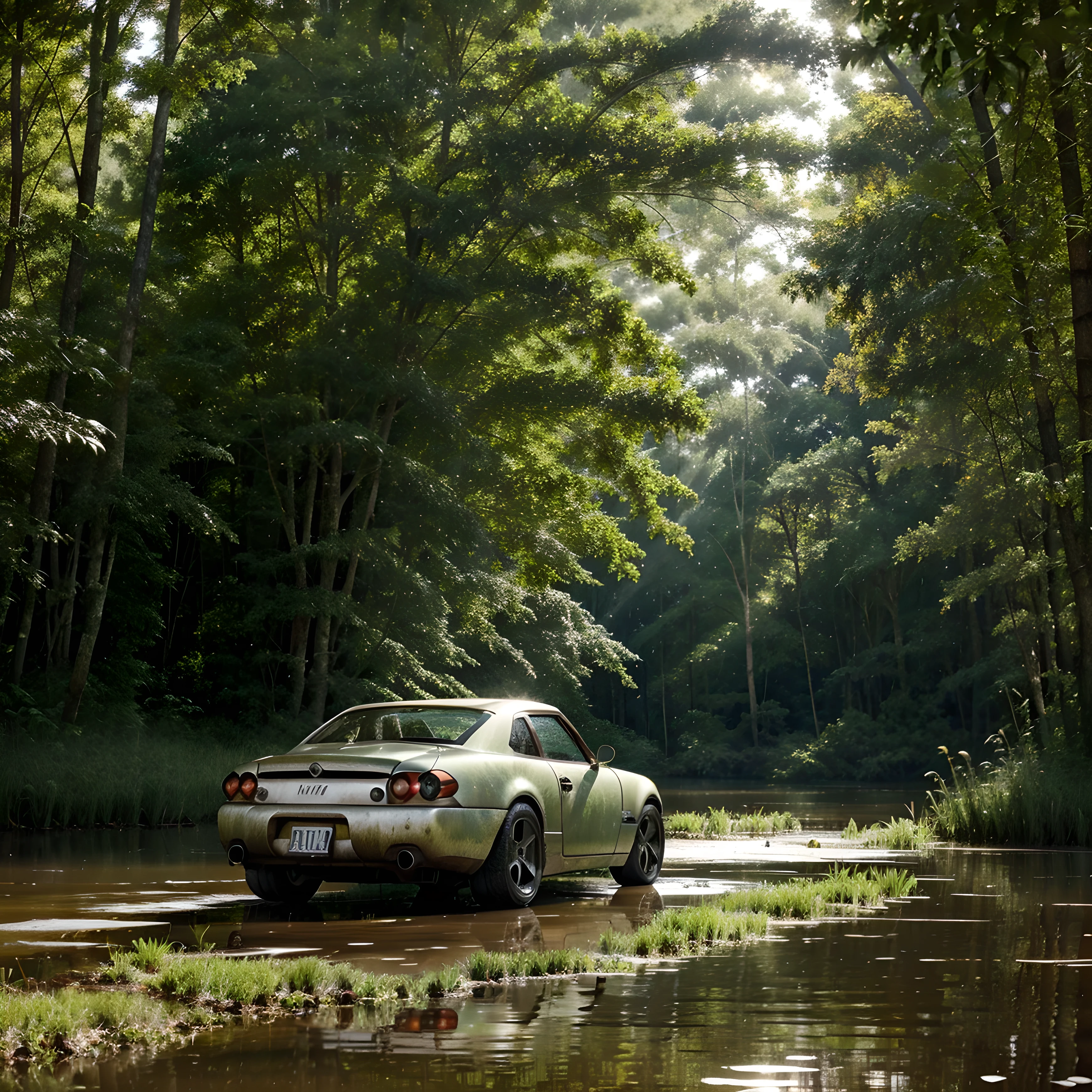 rusty sports car overgrown with plants on a swampy water shaded by tall trees sunlight passing through a thin white mist, best quality, ultra realistic, accurate details