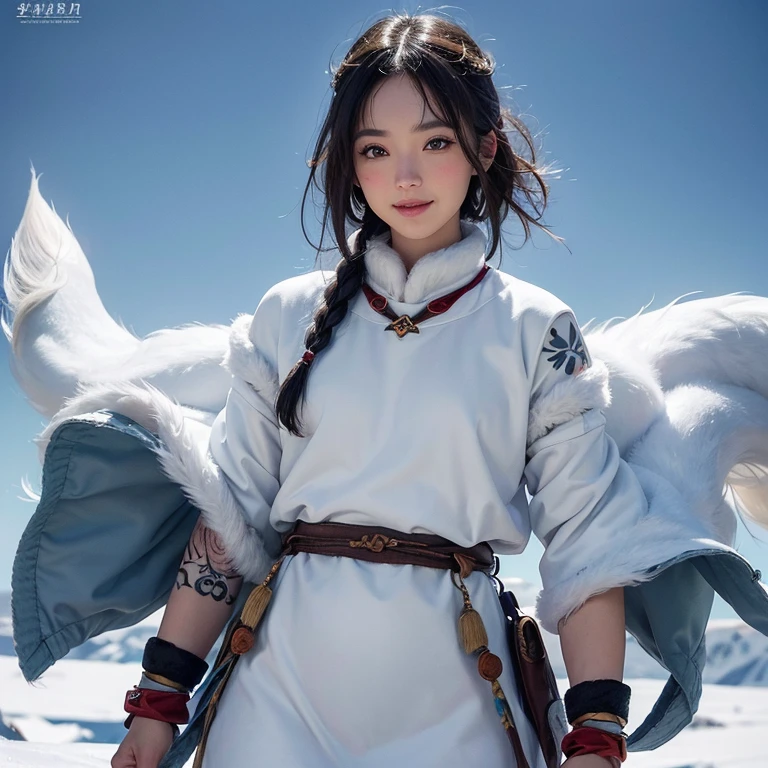 snow mountain、 ((highest quality、masterpiece、8k、best image quality、ultra high resolution、Award-winning work)、(accurate anatomy:1.1)、(look at me and smile:1.1)、Shining fair skin with ultra high resolution、most detailed face、ultra high resolution detailed face、white short hair blowing 、(ultra high resolutionの煌めく瞳:1.1)、Beautiful face drawn in every detail、(blurred background:1.1)、warm Inuit clothing, tattoo, real wolfs beside