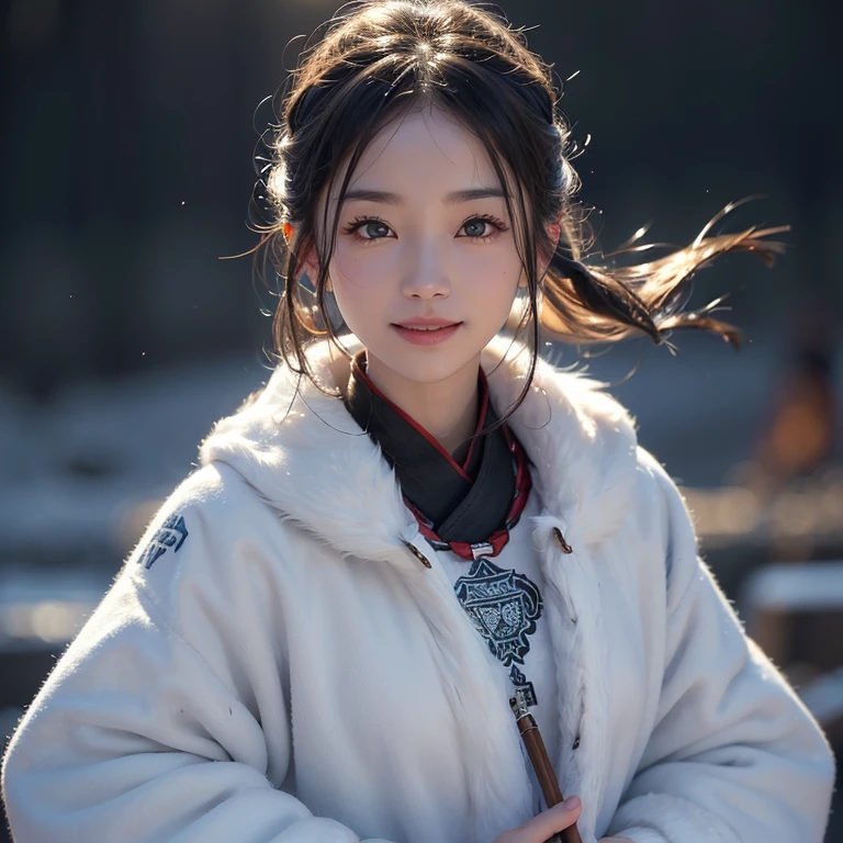 snow mountain、 ((highest quality、masterpiece、8k、best image quality、ultra high resolution、Award-winning work)、(accurate anatomy:1.1)、(look at me and smile:1.1)、Shining fair skin with ultra high resolution、most detailed face、ultra high resolution detailed face、white short hair blowing 、(ultra high resolutionの煌めく瞳:1.1)、Beautiful face drawn in every detail、(blurred background:1.1)、warm Inuit clothing, tattoo, real wolfs beside