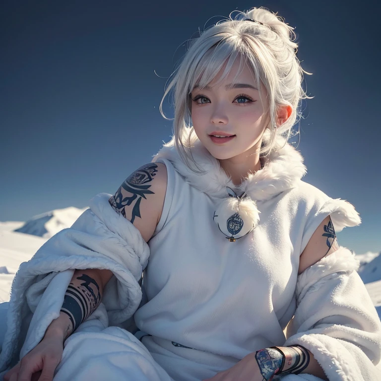 snow mountain、 ((highest quality、masterpiece、8k、best image quality、ultra high resolution、Award-winning work)、(accurate anatomy:1.1)、(look at me and smile:1.1)、Shining fair skin with ultra high resolution、most detailed face、ultra high resolution detailed face、white short hair blowing 、(ultra high resolutionの煌めく瞳:1.1)、Beautiful face drawn in every detail、(blurred background:1.1)、warm Inuit clothing, tattoo, real wolfs beside