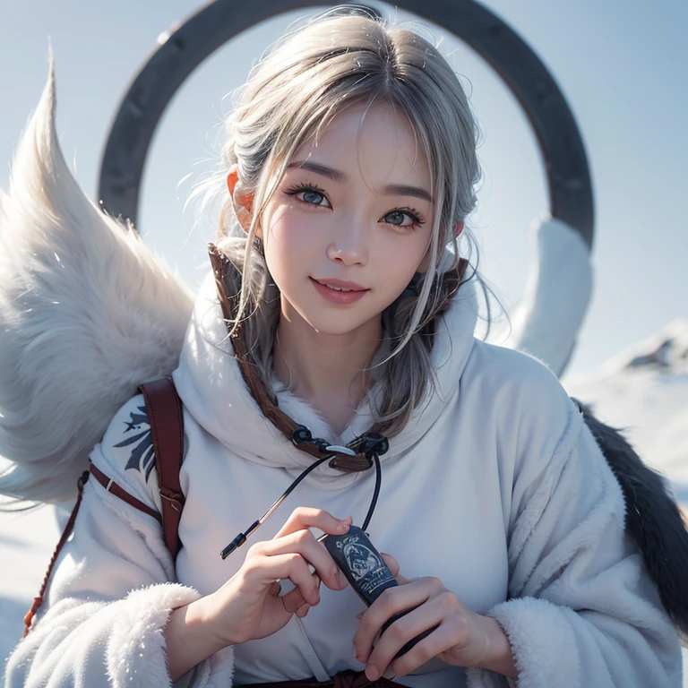 snow mountain、 ((highest quality、masterpiece、8k、best image quality、ultra high resolution、Award-winning work)、(accurate anatomy:1.1)、(look at me and smile:1.1)、Shining fair skin with ultra high resolution、most detailed face、ultra high resolution detailed face、white short hair blowing 、(ultra high resolutionの煌めく瞳:1.1)、Beautiful face drawn in every detail、(blurred background:1.1)、warm Inuit clothing, tattoo, real wolfs beside