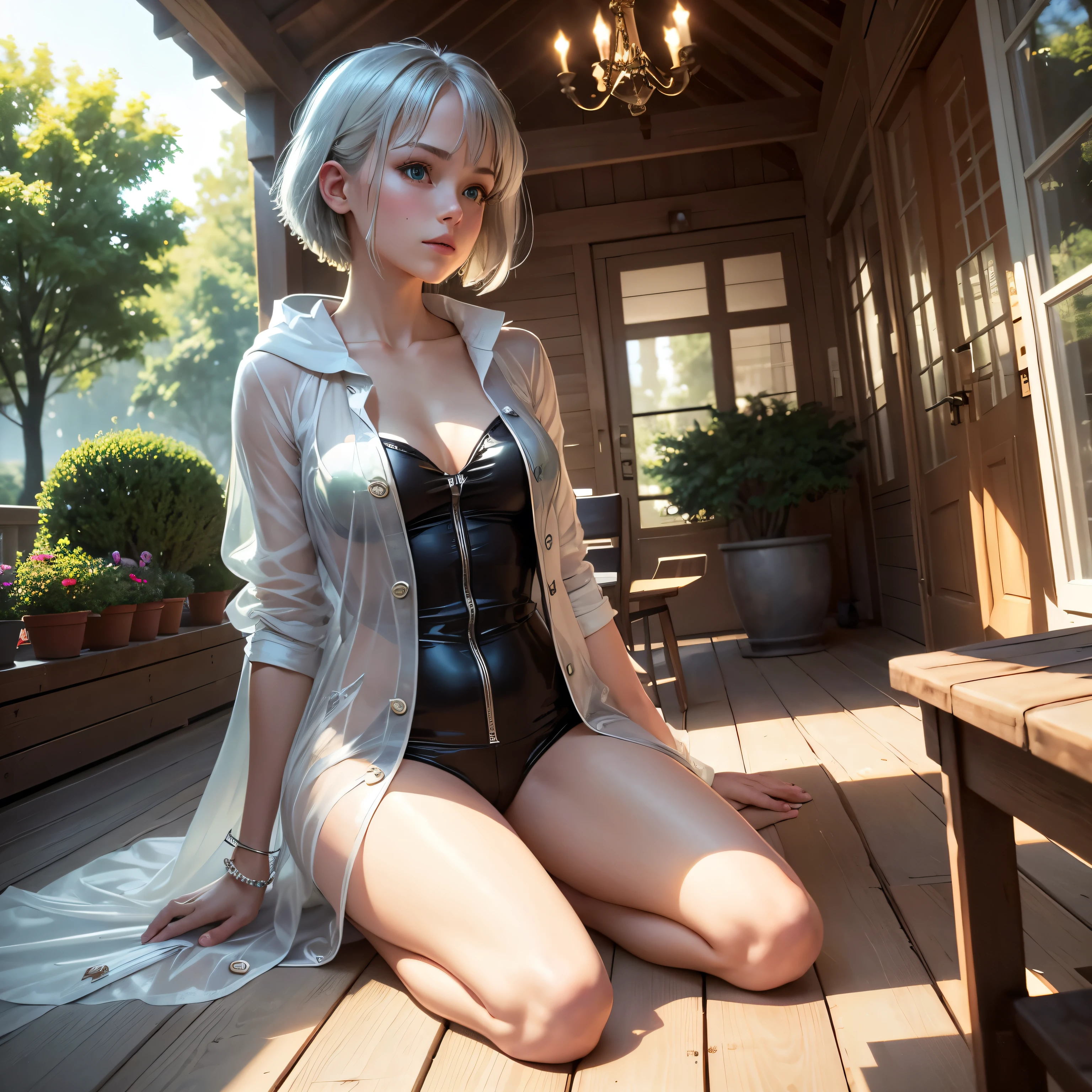 masterpiece, highest quality,Very detailed,Hyper Details, cinematic Light,, One underwear girl, alone, sit, Outdoor, Summer House, sitting in the Summer House, plant, table, chandelier, Candles, Wind, Green Eyes, Pan Green Silver Hair, short hair, Floating Hair, Light, Light frown, profile,View your viewers, dynamic_angle,The see-through happi coat is unbuttoned,nude,Lie down on the bed