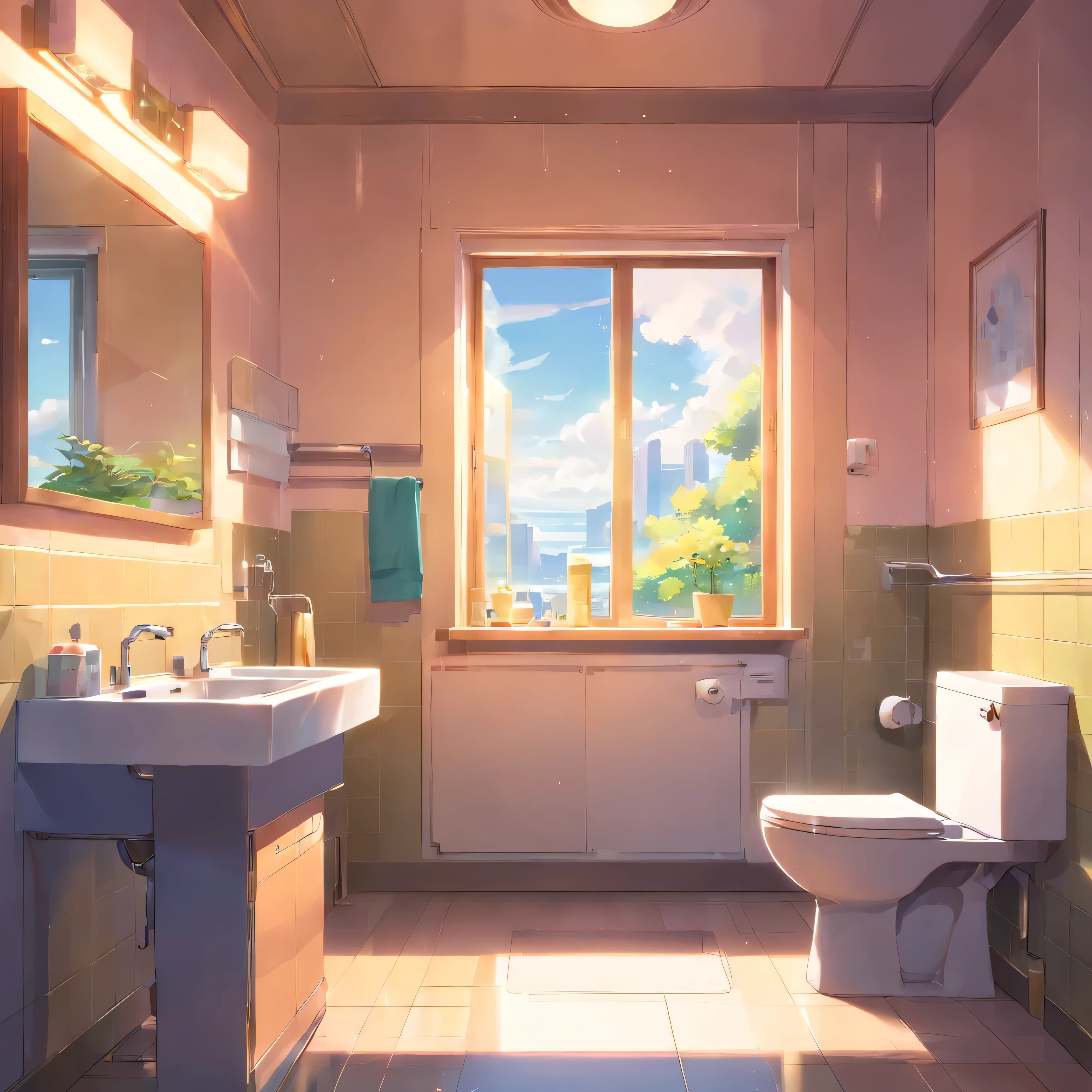 (masterpiece)empty,bathroom,Light Particles,toilet,Mirror,window