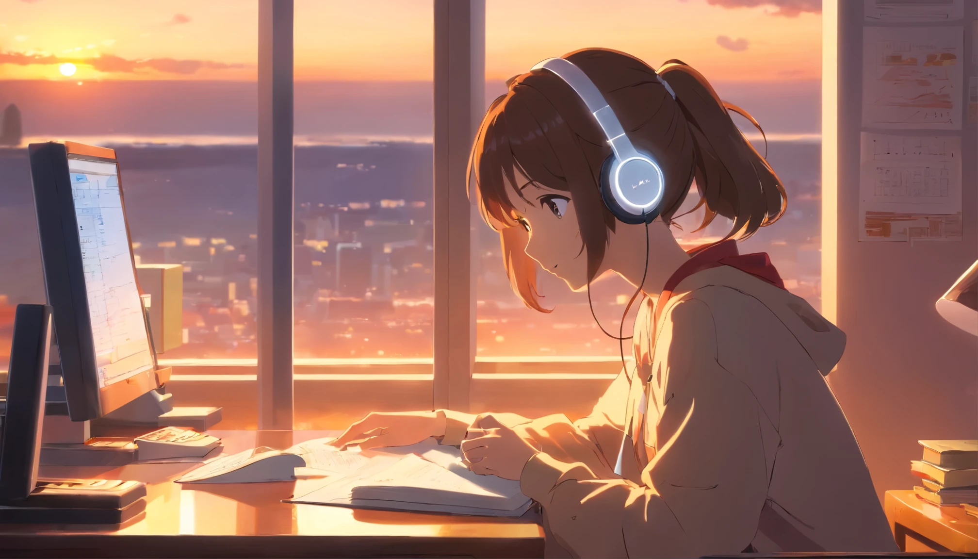 Girl studying at desk、Wearing white headphones、Side angle、There is a sunrise outside the window、The main colors are orange and blue、Warm light