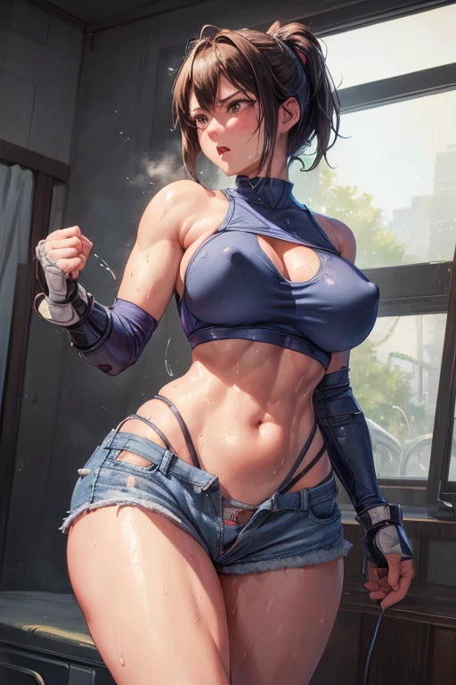 Browsing Caution, (Best image quality,highest quality,Highest Resolution, Ultra-Realistic Images,Very detailed,masterpiece),Asuka Kazama,Kazama Asuka,((Sticky with sweat)),Big Breasts, Erect nipples, (((Large areola))),(((Exposing the breasts))),jeans, Abdominal muscles, blush, Eyes in Love, Dynamic pose ,Browsing Caution,