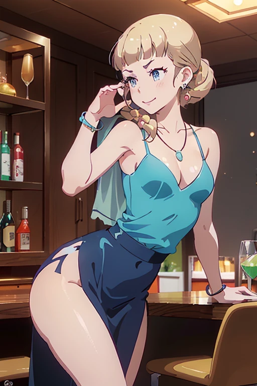 (masterpiece, best quality:1.2), (high resolution, 8K RAW photo, photo realistics, clear focus, weak outline:1.3), (cinematic lighting, moody, textile shading), pov, (solo:1.5), 1 matured woman, 24 years old, (milf:1.5), ((nfsw:1.5, small breast:1.3, breast cleavage:1.2, harass sexually, in heat, presenting)), ((Bright beautiful eyes with highlight:1.3)), (sitting a stool in night BAR counter, lying face down on the counter with putting arms on the counter top, looking at viewers, holding a cocktail glass), raised sexy, (little happy smile:1.3, shamed), light purple mesh on silver hair, medium long hair, hair over one eye, asymmetric hair, half updo hair, blue eyes, wearing blue sexy party dresses:1.1, long skirt with side slit, wearing green see-through shawl around your upper arms, (Luxury detailed accessories, necklace, earrings, Bracelets), bokeh, dynamic angle, upper body:1.2, close-up face:1.5, face focus, from side:1.2, (correct anatomy:1.6, ideal ratio of body proportions, correct hand:1.5, small hands), in a night,