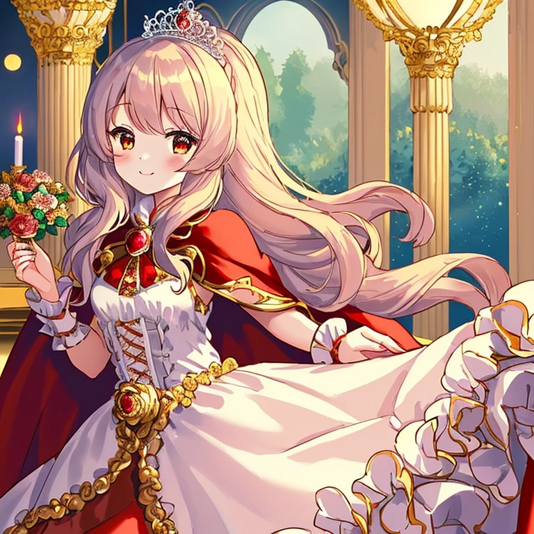 (kawaii),(best quality),(ultra detailed), upper body,(rococo style),(long train red cape:1.15), very long cape,(long train white ball gown with flower decorations), a girl is wearing a cape over her gown, 1 little princess, tiara , smile, very long hair, small breasts
