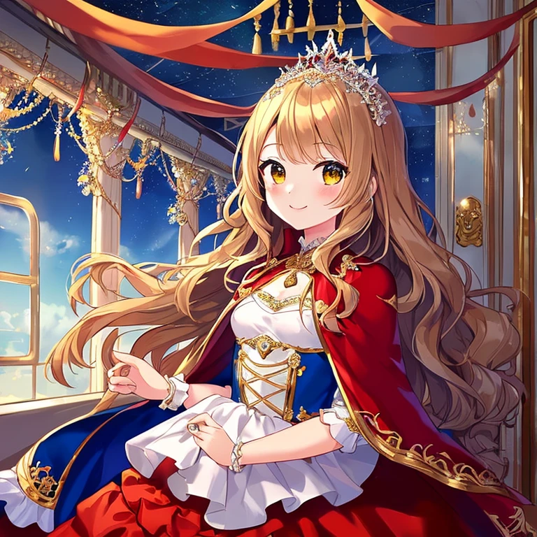 (kawaii),(best quality),(ultra detailed), upper body,(rococo style),(long train red cape:1.15), very long cape,(long train white ball gown with flower decorations), a girl is wearing a cape over her gown, 1 little princess, tiara , smile, very long hair, small breasts