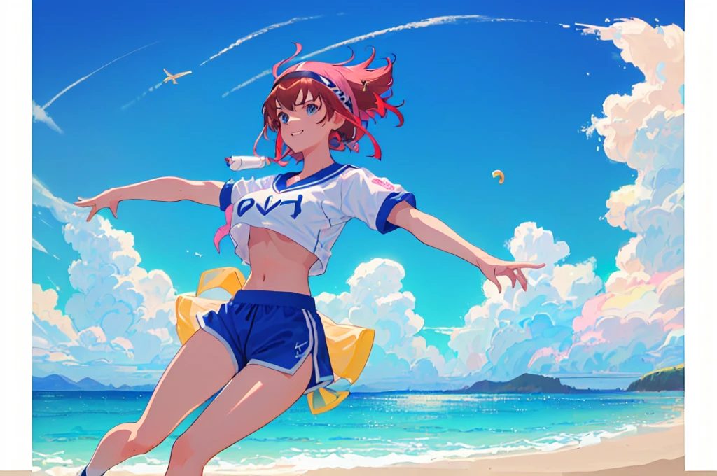 (perfect composition),imagined a girl in extreme sport outfit playing to a flying disc game in a beach arena game sport, masterpiece, ultra-detailed, 80's anime (style), 2D, megapixel, perfectionism, full HD , 4K, (windjammers), windjammers sport game, windjammers 2 (((((solo mature anime woman,)))))++++++++++++++++++, looking at viewer, full body, brown hair and pink hair, short hair, weird hair, smile, lips, eyelashes, medium breasts, gym uniform, uniform, gym shorts, headband, sports bra, elbow pad, knee pad, extreme sports outfit 80's theme, beach background, playing flying disc game on a beach court game, sea, sun in the sky, sports wear