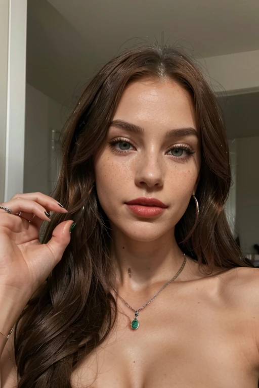Generate a realistic image of a beautiful young woman. Her skin is smooth, velvety, with some freckles. She is approximately 25 years old and has long, wavy red hair. Her lips are soft, glossy, with intense red lipstick, with a slightly dark makeup. Her physique is athletic, with beautiful, well-defined breasts, exuding sensuality. Her gaze is intense, with emerald green eyes. Her teeth are regular and white. Her hands have long nails with dark red nail polish. She wears silver earrings, necklaces, bracelets, and rings.