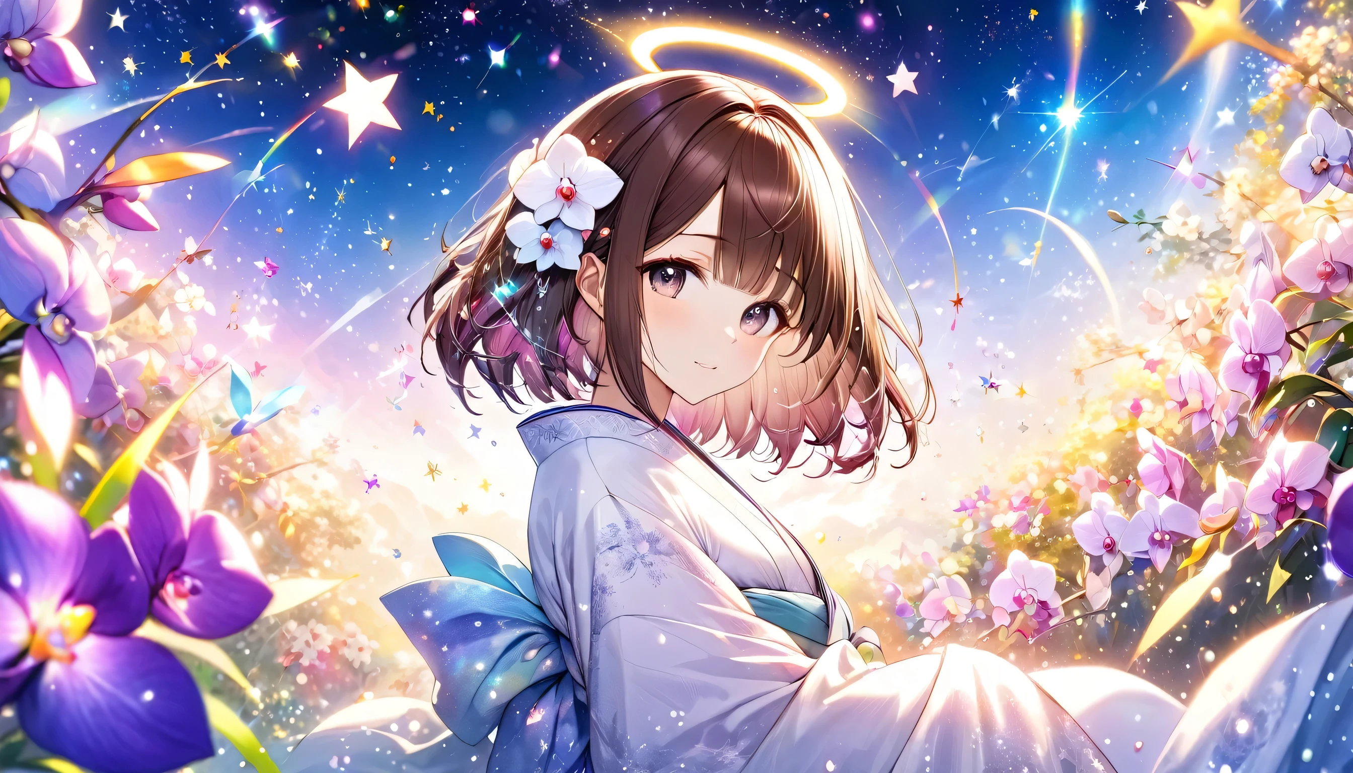 panoramic (in the Fukuoka Ranch), halo, magic particles, light particles, several colored stars, in the midnight, BREAK, (1 lady, brown hair, bob cut), ((in a white beautiful Kimono with Phalaenopsis aphrodite)), (light particles, rainbow gradation), break, perfect ???????, masterpiece, best quality, 16k.