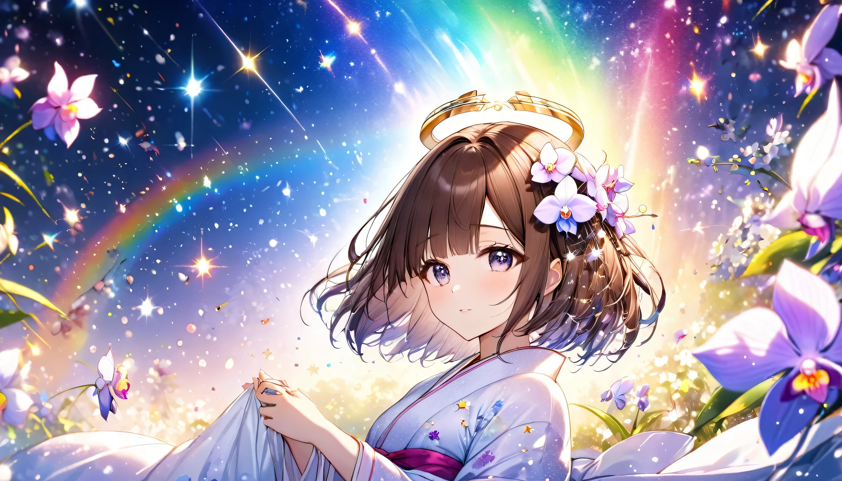 panoramic (in the Fukuoka Ranch), halo, magic particles, light particles, several colored stars, in the midnight, BREAK, (1 lady, brown hair, bob cut), ((in a white beautiful Kimono with Phalaenopsis aphrodite)), (light particles, rainbow gradation), break, perfect anatomy, masterpiece, best quality, 16k.