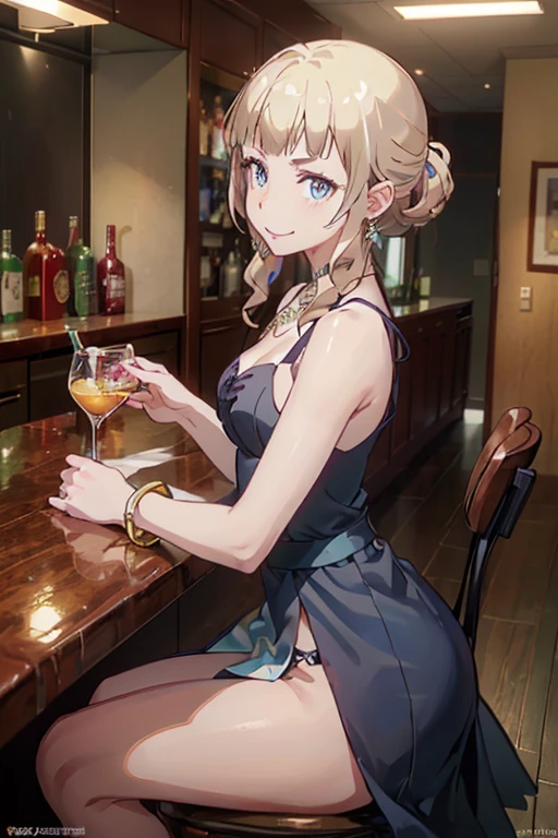 (masterpiece, best quality:1.2), (high resolution, 8K RAW photo, photo realistics, clear focus, weak outline:1.3), (cinematic lighting, moody, textile shading), pov, (solo:1.5), 1 matured woman, 24 years old, (milf:1.5), ((nfsw:1.5, small breast:1.3, breast cleavage:1.2, harass sexually, in heat, presenting)), ((Bright beautiful eyes with highlight:1.3)), (sitting a stool in night BAR counter, lying face down on the counter with putting arms on the counter top, looking at viewers, holding a cocktail glass), raised sexy, (little happy smile:1.3, shamed), light purple mesh on silver hair, medium long hair, hair over one eye, asymmetric hair, half updo hair, blue eyes, wearing blue sexy party dresses:1.1, long skirt with side slit, wearing green see-through shawl around your upper arms, (Luxury detailed accessories, necklace, earrings, Bracelets), bokeh, dynamic angle, upper body:1.2, close-up face:1.5, face focus, from side:1.2, (correct anatomy:1.6, ideal ratio of body proportions, correct hand:1.5, small hands), in a night,