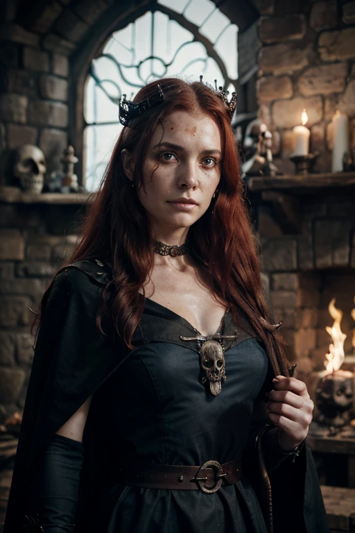 Lady Stoneheart, 45 years, milk-white skin, long rough unkempt red hair, part of the skull is bald, lots of black skin-marks, burning red eyes, no smile, angry look, bleeding from a lot of wounds, large sword cut at her throat, long medieval dirty blue dress with cape, in her hands an iron crown, no jewels