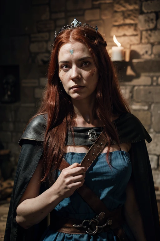 Lady Stoneheart, 45 years, milk-white skin, long rough unkempt red hair, part of the skull is bald, lots of black skin-marks, burning red eyes, no smile, angry look, bleeding from a lot of wounds, large sword cut at her throat, long medieval dirty blue dress with cape, in her hands an iron crown, no jewels
