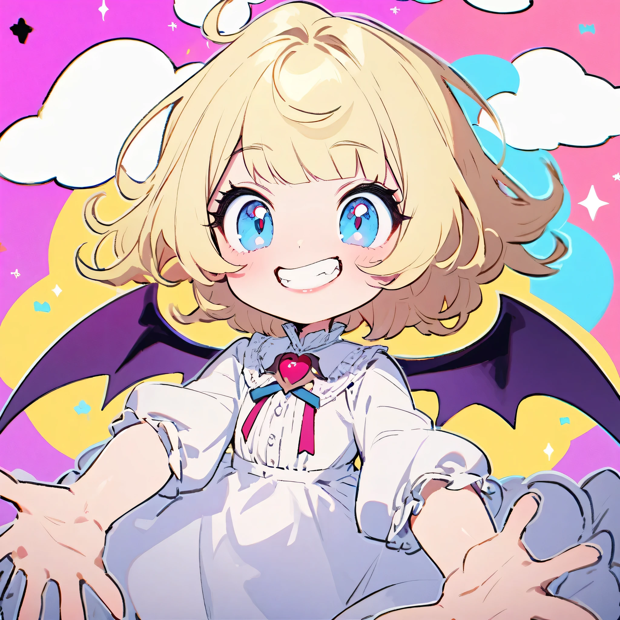 best quality, very good, 16K, Ridiculous, Extremely detailed, Delicate and dynamic, Cute and beautiful vampire, Big blue eyes, Grin, Blonde Short Messy Wavy Bob Hairstyle with Bangs, Attractive appearance, Excited expression, Wearing a white dress with white lace and ruffles, White booties, Optimal body proportions, Large purple wings like a devil or bat, Ruddy and shiny lips, Background with white clouds and pastel colored dots, Pop Art
