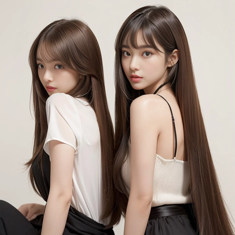 (They are identical twins.，Actually a clone.)　(The woman on the right strikes a pose，Make her back and hair look as wide as possible.)　(The woman on the left poses，Showing face and chest.)　((Close-up of two people from waist up))　((24 years old beautiful hair model，Light brown hair　Fall directly　Reaches the knees非常に長い髪　best quality　Highest detail　Reaches the knees、Very long hair that lasts forever:1.3　Flowing hair　My hair is incredibly straight　Hair is very shiny and thick　途方もなく永遠に続くunusually long hair　両端に広がるFlowing hair　Long hair and knee-length:1.2　Long hair and knee-length:1.2　Thick and shiny hair　very free hair　unusually long hair!!!!!　Beautiful and silky hair　　Beautiful shiny hair　Beautiful shiny hair　Beautiful and silky hair　Hair grows to knees　Very, very, Very long hair!!!!!　Very, very, Very long hair!!!!!))　(best quality　Best Ultrafine　Reaches the knees、Very long hair that lasts forever　Flowing hair　Her hair is lightly permed　Hair is very shiny and thick　途方もなく永遠に続くunusually long hair　両端に広がるFlowing hair　Long hair and knee-length:1.2　Long hair and knee-length:1.2　Thick and shiny hair　very hairy　unusually long hair!!!!!　Beautiful and silky hair　Extra long hair down to knee　Beautiful shiny hair　Beautiful shiny hair　Beautiful and silky hair　Hair grows to knees　Very, very, Very long hair!!!!!　Very, very, Very long hair!!!!!))　(Her bangs are perfectly trimmed，Vertical down.:1.3)　((Her hair color is light brown:1.5))　(Pure white wall background:1.8 Pure white sofa)　(Japan&#39;The sexiest and most beautiful 24-year-old model)　(She looked at the viewer with a very seductive expression......)　((best quality)), ((masterpiece)), (familiar)　(get used to it)　Perfect face　(Her skin is a typical Japanese skin color..　e altamente detalhado)　　(Large Breasts:1.3)　(She was wearing a shiny white camisole.)　(She has a beautiful face and a typical Japanese figure...., Squinting)　(She has a perfect, beautiful and sexy makeup and face　Lipstick is light red　Solid eyeliner)　((Wealthy 1.4))　(Extremely detailed 8K)　(Super fine skin type 1.4)　(Practical, Energetic:1.4), double eyelids　Clear focus:1.2、Beautiful woman:1.4　Dynamic Lighting　(True RAW photos taken by professional photographers)　　Professional Hair Shine.　(She has a bright and happy face)　(Her face is slender and dignified.., length, Squinting..々Pretty face)