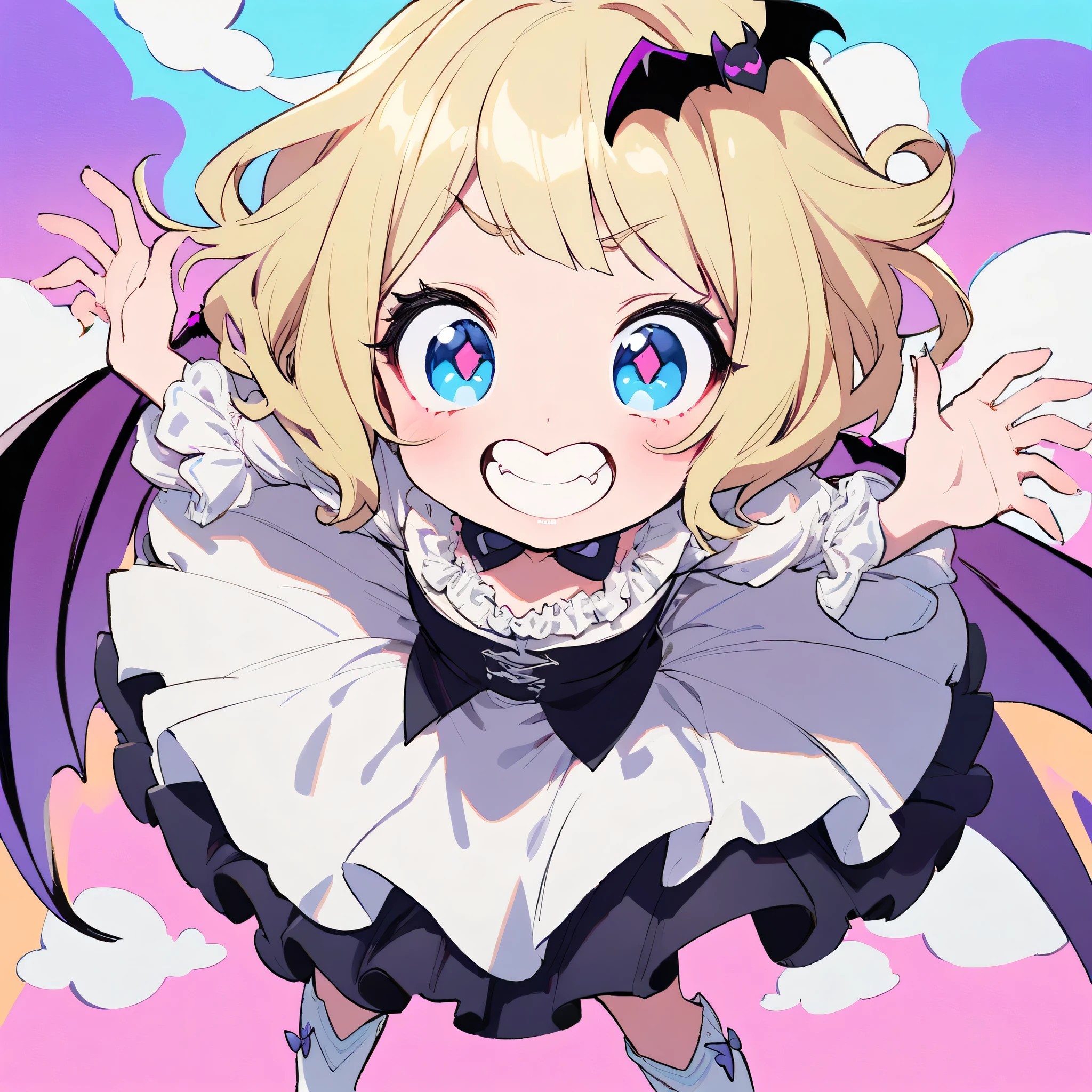 best quality, very good, 16K, Ridiculous, Extremely detailed, Delicate and dynamic, Cute and beautiful vampire, Big blue eyes, Grin, Blonde Short Messy Wavy Bob Hairstyle with Bangs, Attractive appearance, Excited expression, Wearing a white dress with white lace and ruffles, White booties, Optimal body proportions, Large purple wings like a devil or bat, Ruddy and shiny lips, Background with white clouds and pastel colored dots, Pop Art