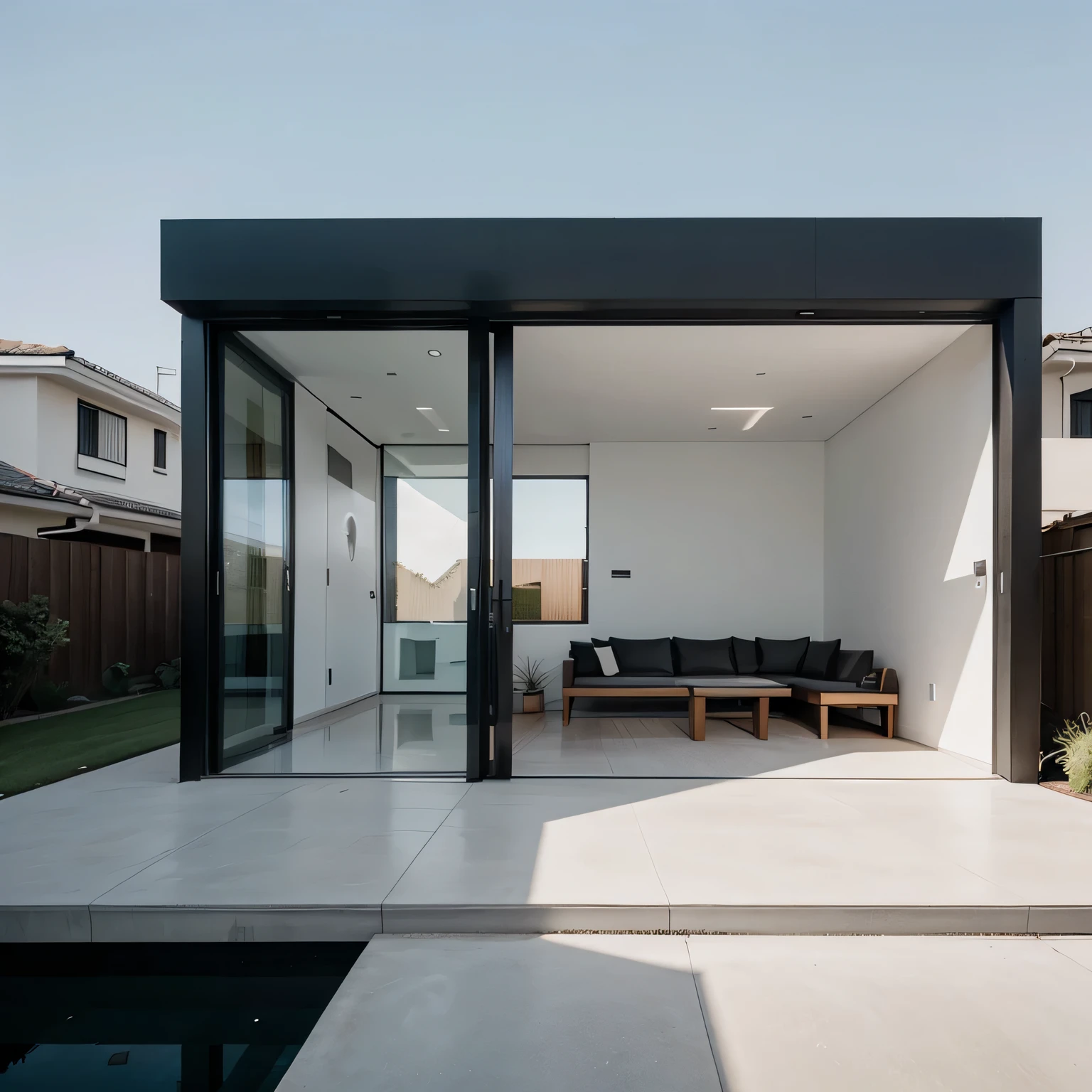 A modern minimalist house with clean lines and floor-to-ceiling windows, architect-designed ratio 16:9 super real