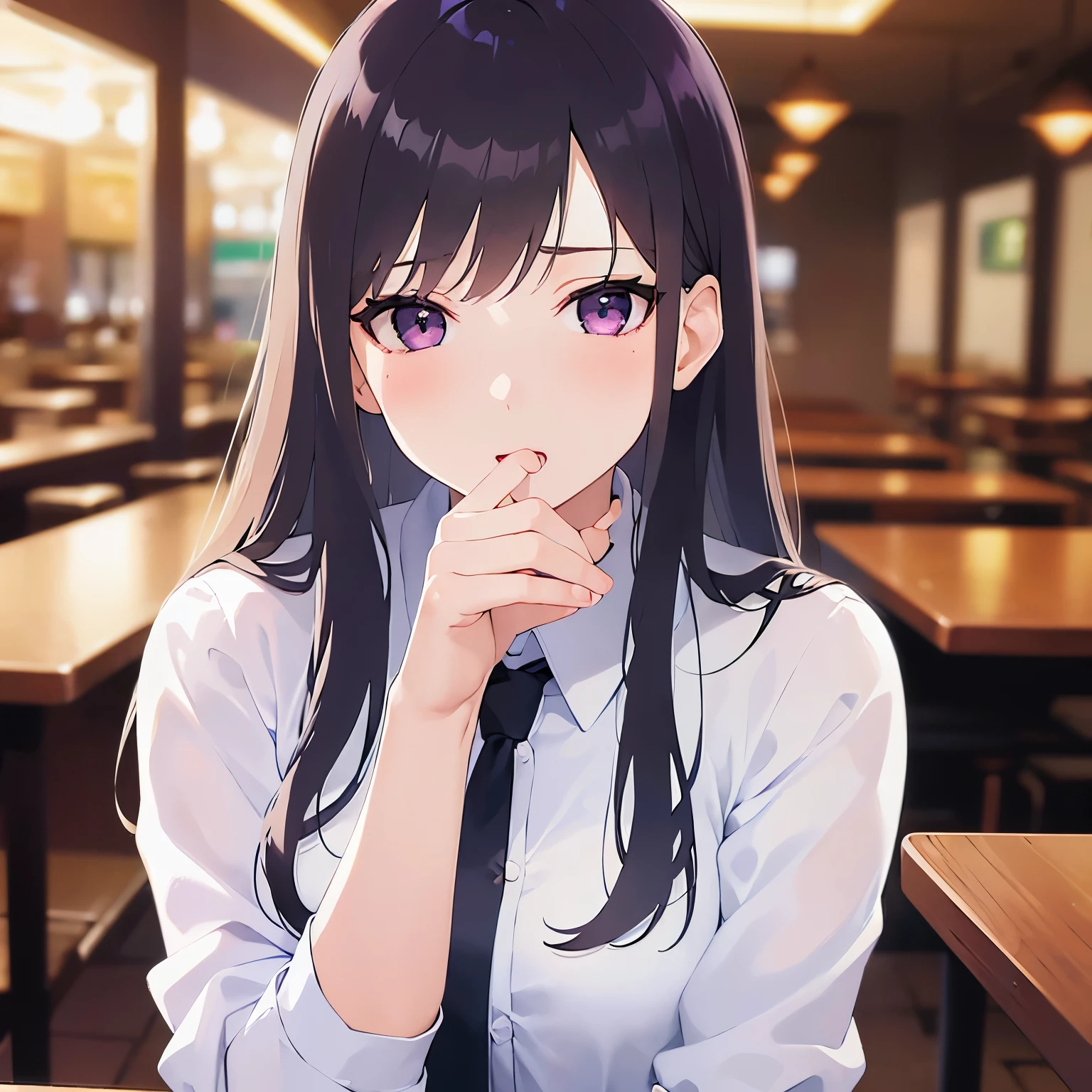 beer, Upper Body, Realistic, real person, (pale skin: 1.2), (RAW photo:1.5), photorealistic, shiny skin, shiny hair、(Bangs)25 year old woman with straight hair) and (medium hair) and (black hair) and (purple eyes) , (business suit) and (white collared shirt), (confused, blush:1.2), open mouth, The background is the interior of a restaurant at night.、alone、Sitting
