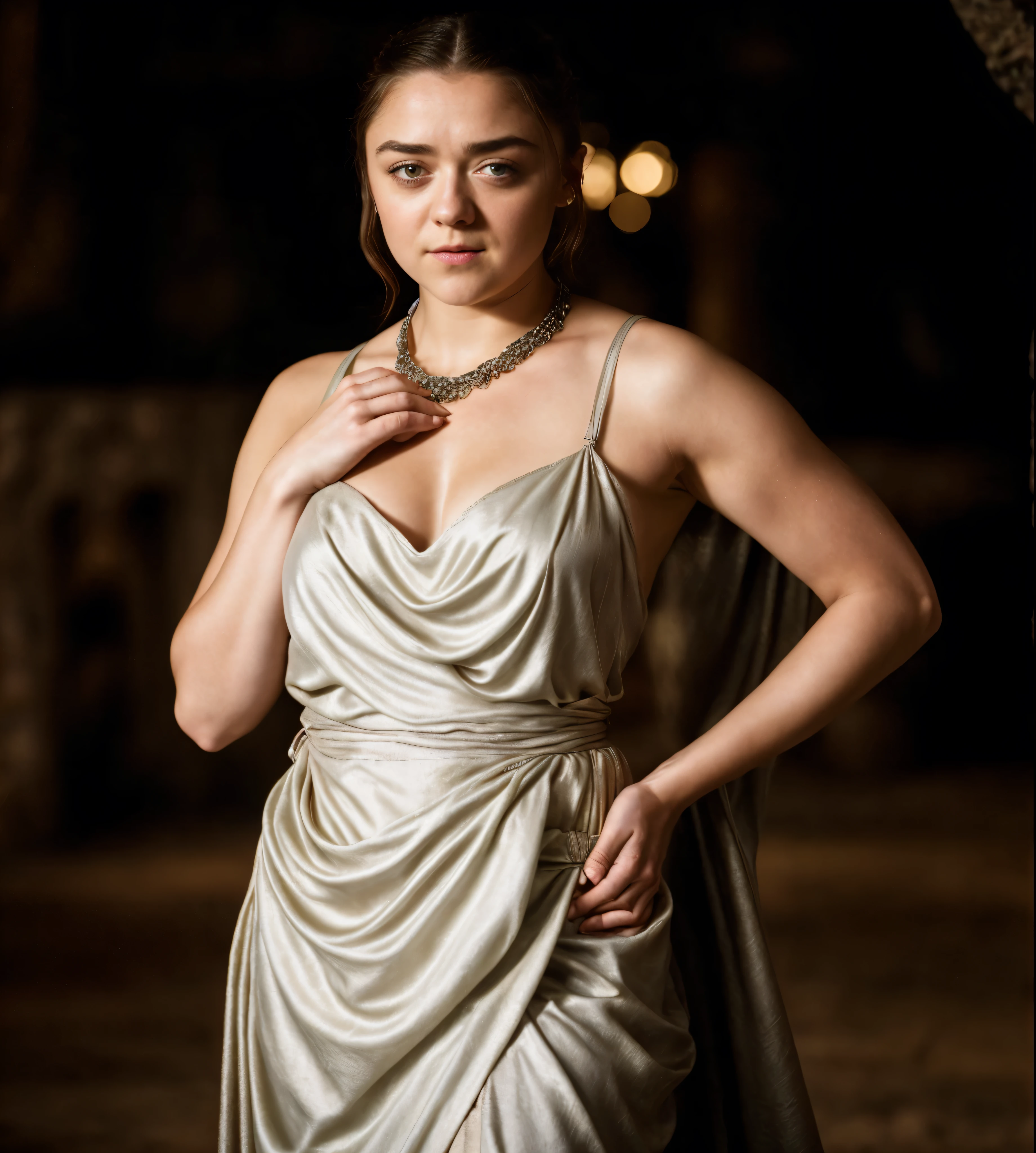 Foto RAW, Arya Stark, Extremely gorgeous lady, Arya Stark PLAYED BY MAISIE WILLIAMS, Queen Arya Stark, she  a mature woman now, milf, sexy mediaeval battle dress, gladiator woman, body, 40 years old Woman, Roman slave dress, cotton dress, busty mediaeval costumes, body revealing costumes, perky breast, big natural breast, erotic costumes, lusty physique, seductive figure can capture every people's attention, Game of thrones costumes, revealing captivating figure, Mediaeval costumes, revealing clothes, A tomboy, she would rather fence than dance, warrior queen , game of thrones screen caps, Game of Thrones Series, (pele altamente detalhada: 1.2), 8k UHD, DSLR, soft-lighting, alta qualidade, grain of film, Fujifilm XT3, flawless picture, highly detailed, detailed Beauty, intricate, 32k, sharp picture,