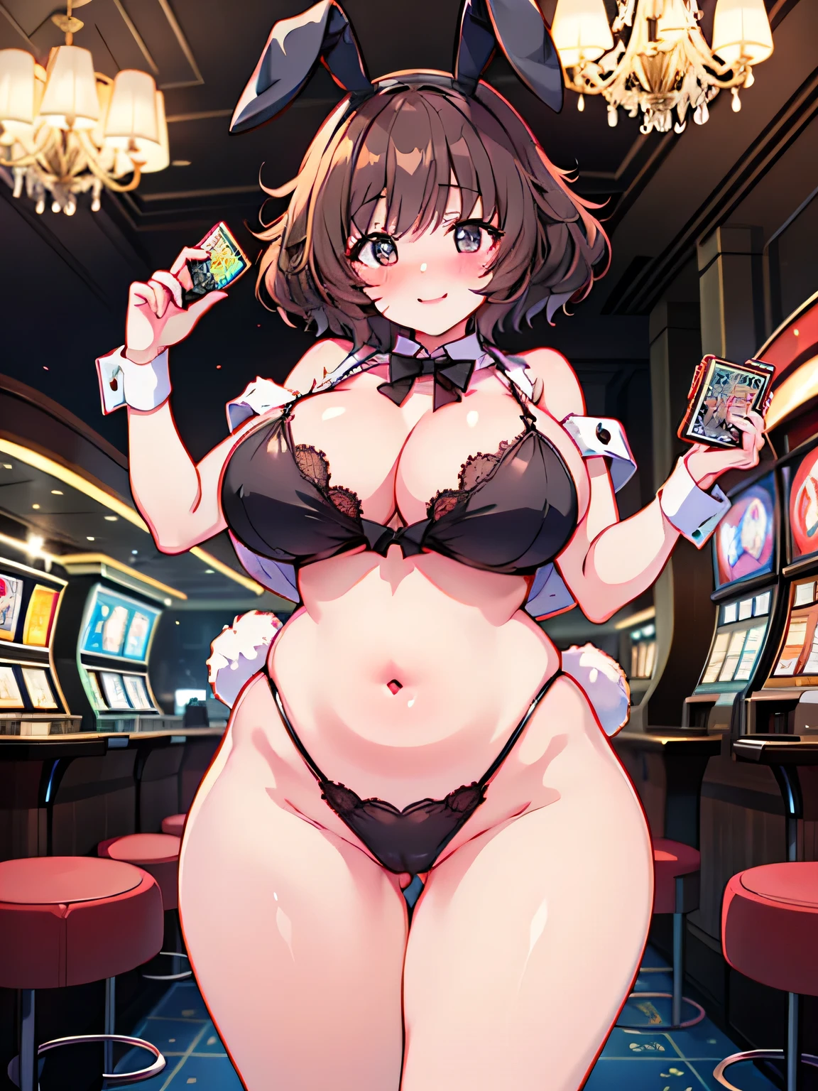 Anime illustration、highest quality、cyber punk、Luxury Casino、chandelier、A plump bunny girl with brown skin、Giant red and black roulette wheel、Bunny ears、Perfect proportions、Big Breasts、Thick legs、Beautiful, shining eyes、Blushing、smile、Cowboy Shot