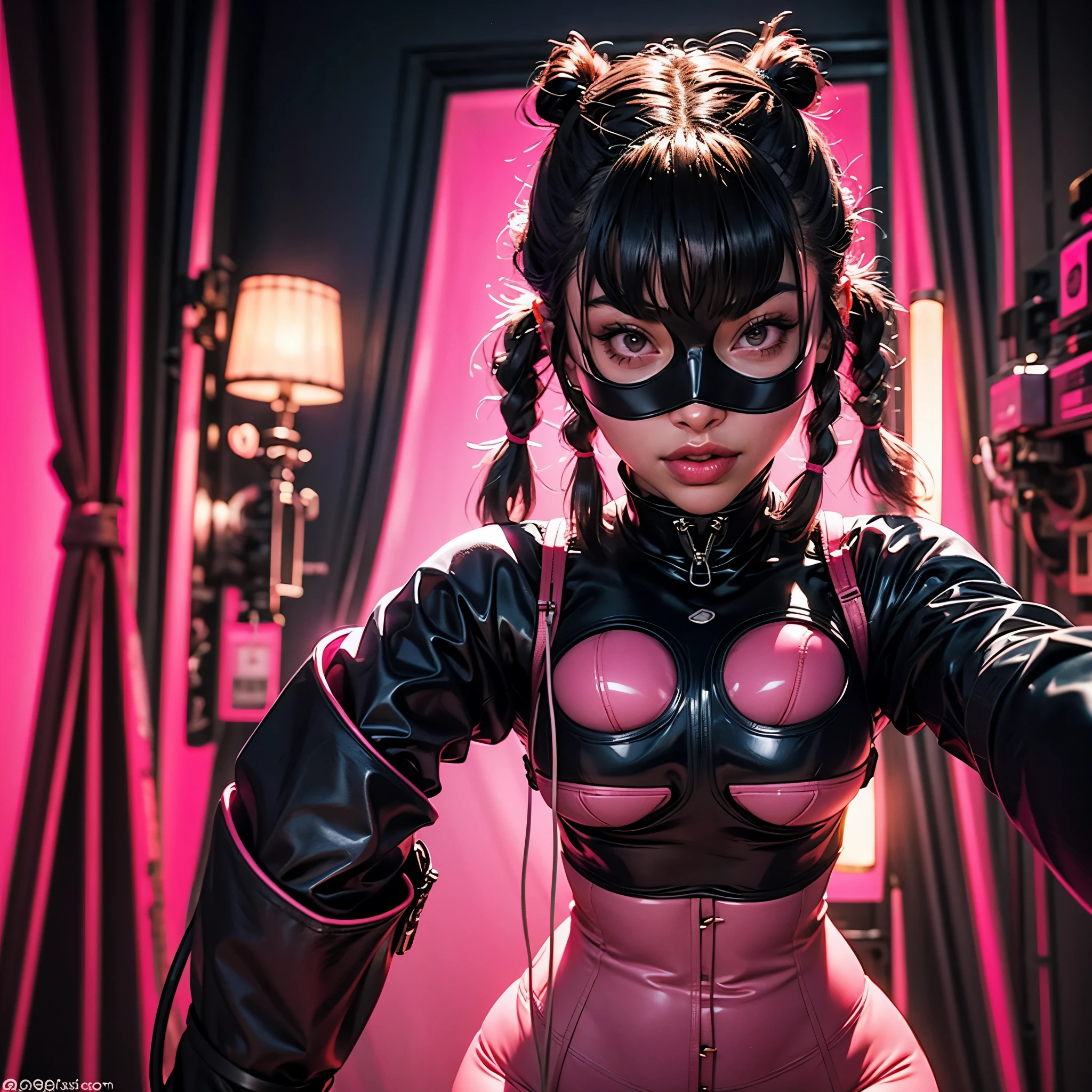 a very beautiful and very thin girl, pink braided pigtails, wears pink underwear with tights and latex face mask. Dark room with only PINK neon lighting. Viele Details, extremely realistic. good quality, 8k
