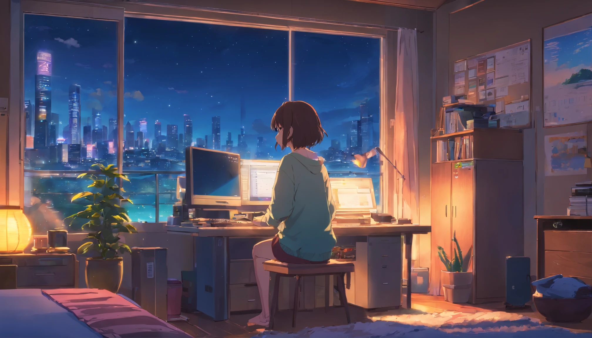 (From behind), Anime girl sitting in front of a computer in a cozy bedroom, Girl listening to music in a cozy room (night), Using headphones, On the roof, (beautiful night views from windows), Lots of things, 2D Anime Style, The aesthetics of anime in the 90s, Lo-Fi, Very detailed, hard disk, A mix of anime style and Fujifilm, Surreal, 8k, masterpiece
