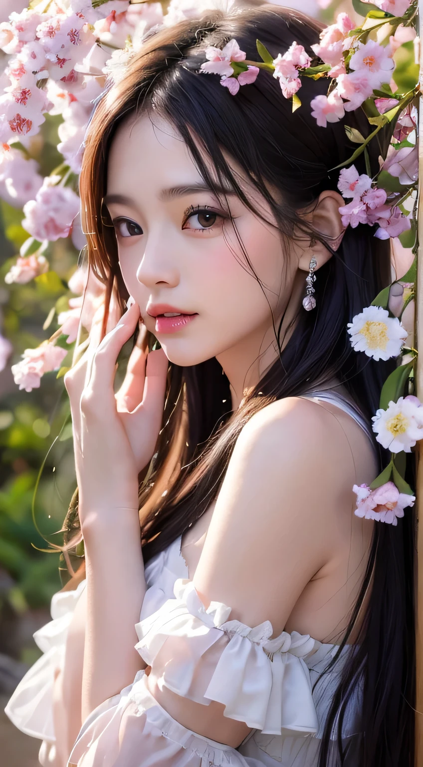 1 girl, Upper body close-up portrait, Black Hair, Flowing Hair, Hazy beauty, Has a very beautiful face, purple embroidered dress, hairpin, Lying on a flower bush, Put your hands on your face, Perfect Anatomy, White flower, (spring, Wet day, Terrace, Mountain landscape), Vector art, modern chinese art, Soft Light, Tangled scarves, Look down