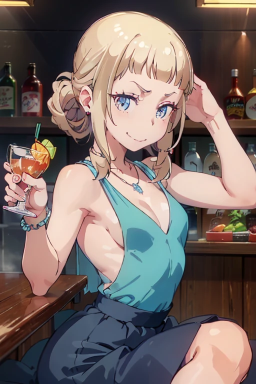 (masterpiece, best quality:1.2), (high resolution, 8K RAW photo, photo realistics, clear focus, weak outline:1.3), (cinematic lighting, moody, textile shading), pov, (solo:1.5), 1 matured woman, 24 years old, (milf:1.5), ((nfsw:1.5, small breast:1.3, breast cleavage:1.2, harass sexually, in heat, presenting)), ((Bright beautiful eyes with highlight:1.3)), (sitting a stool in night BAR counter, lying face down on the counter with putting arms on the counter top, looking at viewers, holding a cocktail glass), raised sexy, (little happy smile:1.3, shamed), light purple mesh on silver hair, medium long hair, hair over one eye, asymmetric hair, half updo hair, blue eyes, wearing blue sexy party dresses:1.1, long skirt with side slit, wearing green see-through shawl around your upper arms, (Luxury detailed accessories, necklace, earrings, Bracelets), bokeh, dynamic angle, upper body:1.2, close-up face:1.5, face focus, from side:1.2, (correct anatomy:1.6, ideal ratio of body proportions, correct hand:1.5, small hands), in a night,