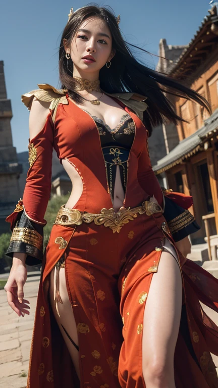 (8k, original photo, best quality, masterpiece:1.2), (Practical, photo-Practical:1.4), (Extremely detailed CG Unity 8K wallpaper), (1 girl:1.5), Western Beauty, (Red clothes: 1.4), Red spots on forehead, Pale skin, blush, big eyes, whole body, Huge Breasts，Cleavage，thigh, open navel, Gold waist chain, Gold Jewelry, flying ribbons, particle, The background is the ancient city of Loulan, Ancient City Wall, desert, dance, Dunhuang_skirt, Dunhuang_style,