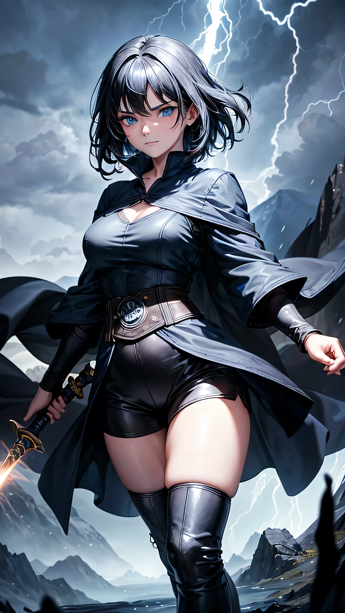 1girl, highly detailed, masterpiece, best quality, correct hands, short black hair, blue eyes, black robes, black pants, blue shirt, black vest, medium breasts, defined curves, smug look, satisfied look, mountain background, storm, lightning, holding a sword, staff, floating, stormy atmosphere, surrounded by lightning, 