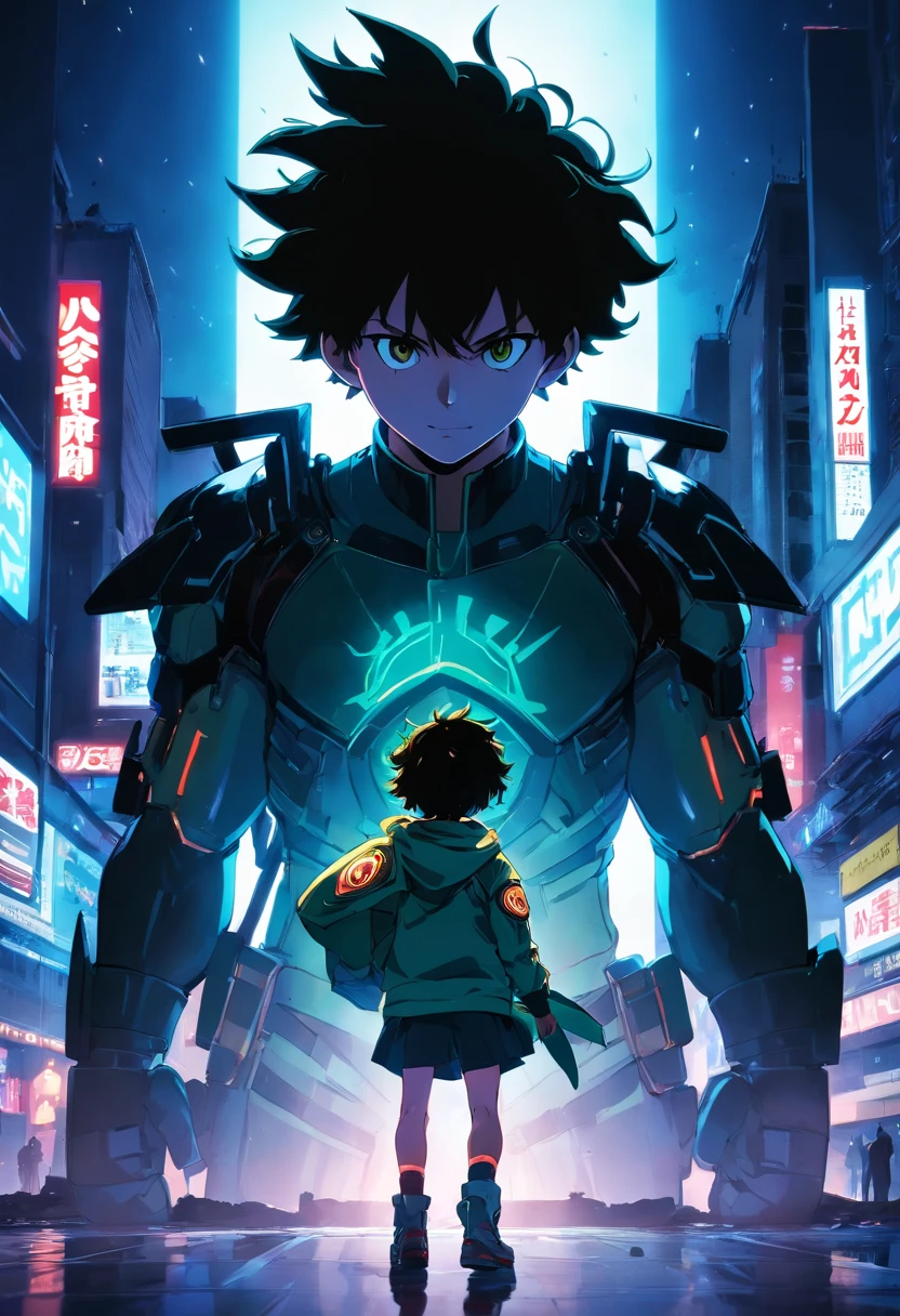 Create a stunning black nd whitemovie poster inspired by Kohei Horikoshi's my hero academia, showcasing adult Deku in his iconic full superhero uniform walking into the dark void where their is nothing and no one than himself"