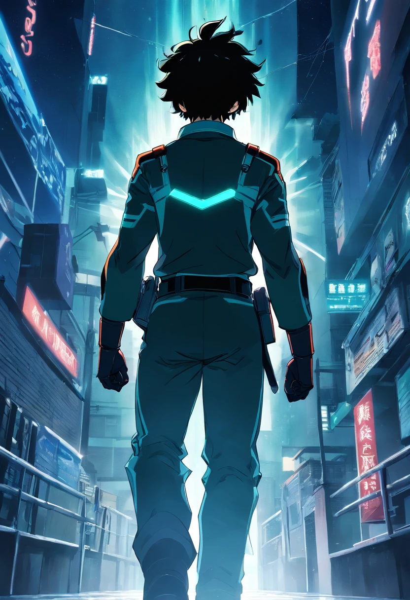 Create a stunning black nd whitemovie poster inspired by Kohei Horikoshi's my hero academia, showcasing adult Deku in his iconic full superhero uniform walking into the dark void where their is nothing and no one than himself"