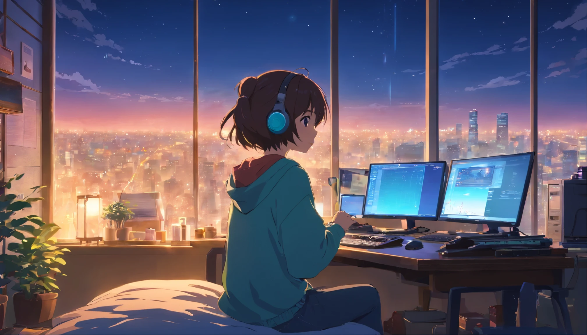 (From behind), Anime girl sitting in front of a computer in a cozy bedroom, Girl listening to music in a cozy room (night), Using headphones, On the roof, (beautiful night views from windows), Lots of things, 2D Anime Style, The aesthetics of anime in the 90s, Lo-Fi, Very detailed, hard disk, A mix of anime style and Fujifilm, Surreal, 8k, masterpiece